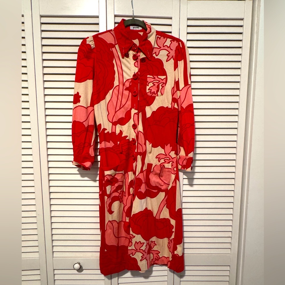 Moschino Red and Pink Floral Collared Midi Dress with Wrap